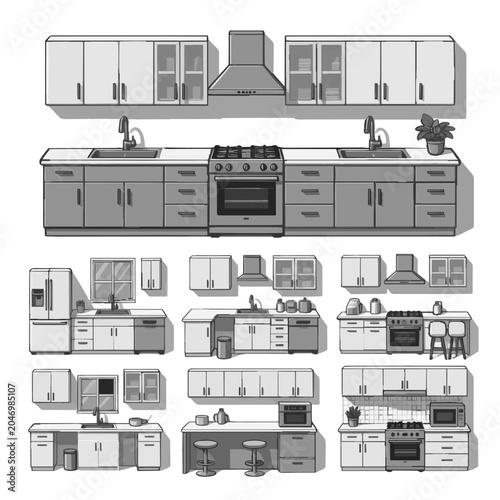 Collection of modern kitchen cabinet designs and appliances in a minimalist style