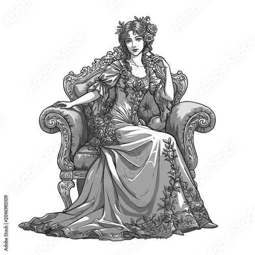 Elegant woman in vintage dress sitting on ornate armchair with roses