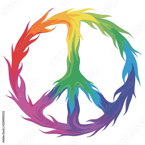 Rainbow peace symbol with flame like design elements