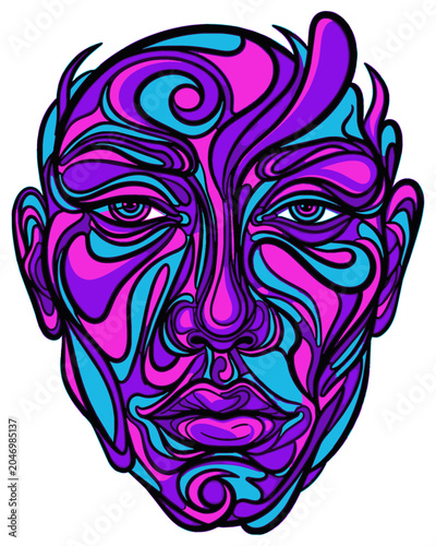 Abstract Face Portrait with Swirling Purple Pink and Blue Patterns