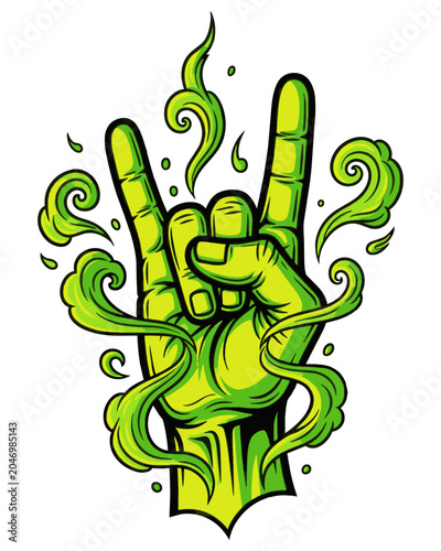Rock and Roll Hand Gesture with Green Smoke and Swirls