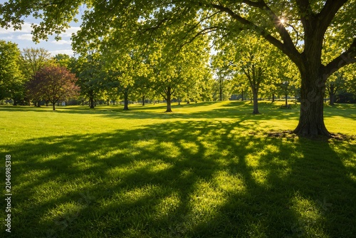 A park bathed in warm sunlight