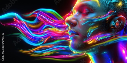 Close-up surreal portrait of a serene man with closed eyes experiencing vibrant light waves