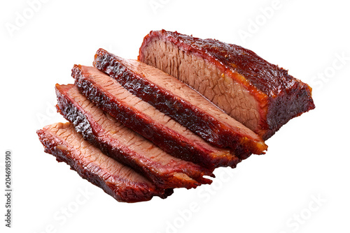 Smoked beef brisket sliced thick with a flavorful bark, tender texture, and rich barbecue aroma, isolated on a light background.
