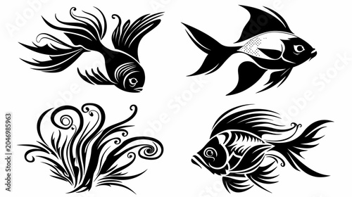 Black ornate vector illustrations of four goldfish and swirling kelp on white background