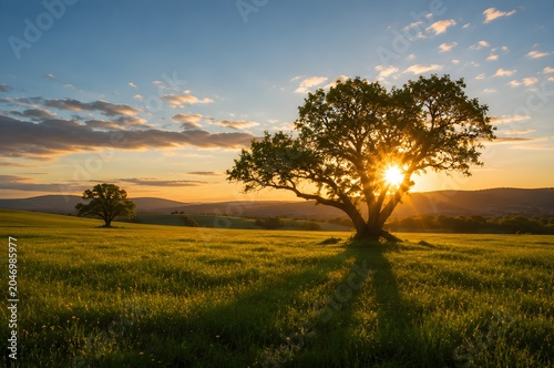 Peaceful meadow in the golden evening