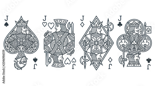 Fotografie Four Jacks Playing Cards - Spades, Hearts, Diamonds, Clubs - Outline Illustratio