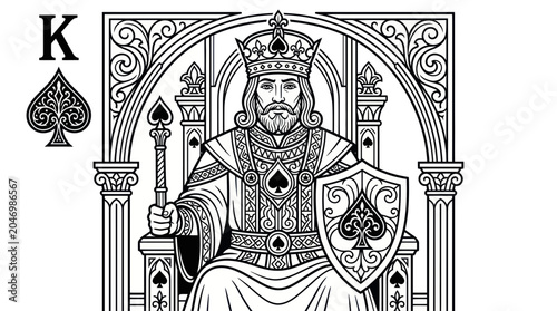 Tableau sur toile King of Spades Playing Card Illustration - Royal Monarch on Throne with Shield