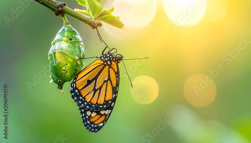 A monarch butterfly emerging from a chrysalis on a branch