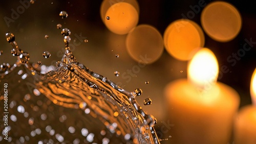 Dynamic water splash crown forming on dark reflective surface under golden candlelight