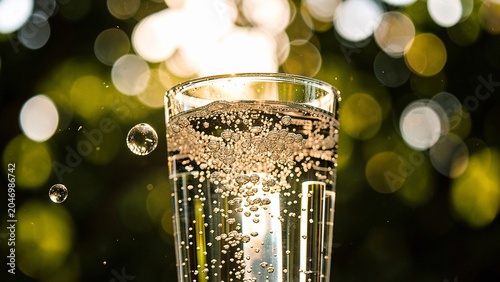Clear beverage condensation in glass tumbler with vibrant golden bokeh