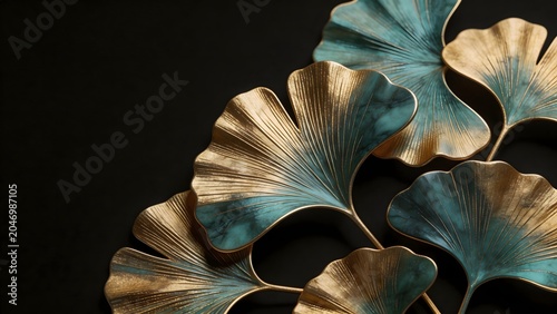 Golden and teal ginkgo leaves on black
