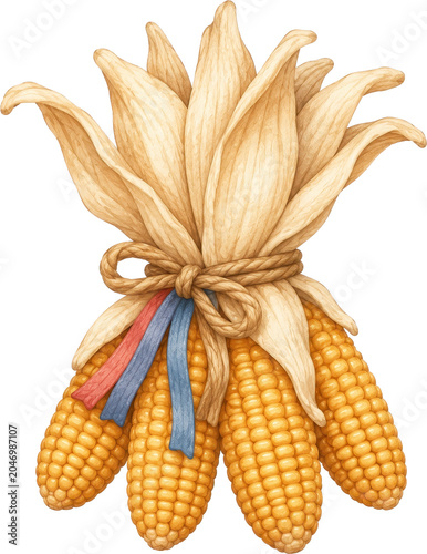 A bundle of soft light colored natural fibers tied with colorful ribbons