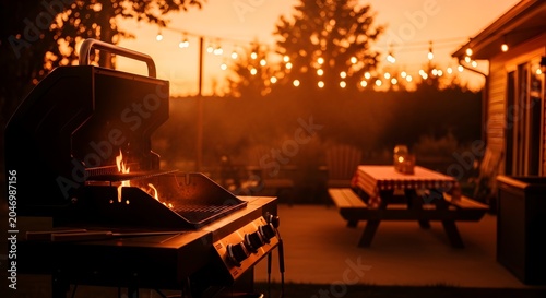 Cozy backyard bbq grill station at sunset with warm string lights