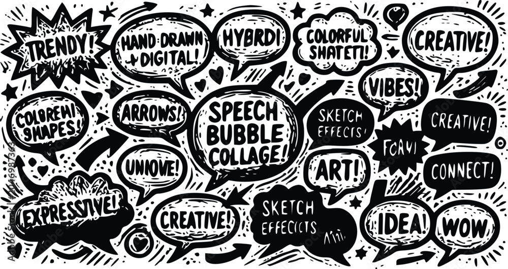 Fototapeta premium Creative vector graphic illustration featuring a diverse collection of hand drawn speech bubbles with bold black and white ink textures