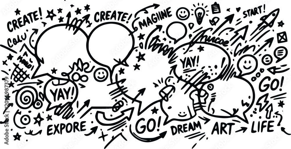 Obraz premium Hand drawn vector illustration featuring diverse speech bubbles with creative doodle elements like arrows stars and inspirational text phrases throughout