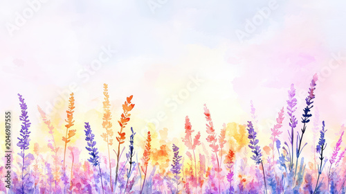 Colorful watercolor painting of wildflowers in field, showcasing vibrant hues and soft background. serene and artistic expression