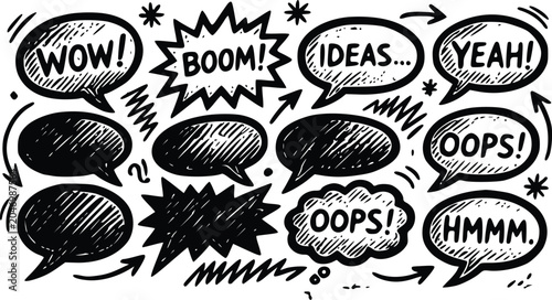 Fotografie Set of hand drawn comic speech bubbles featuring expressive text and doodle styl