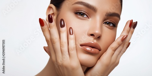 Close-up of a beautiful woman's face with glossy lips and perfectly manicured nails in warm tones