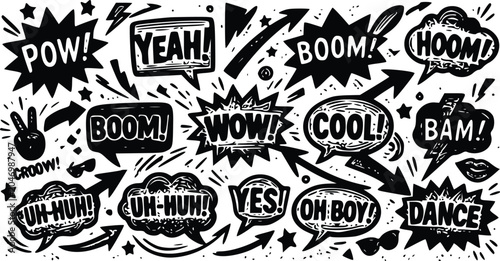 Konstfotografi A detailed black and white vector illustration featuring various expressive comi