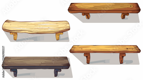 Four cartoon wood planks with support brackets and subtle drop shadows, arranged together