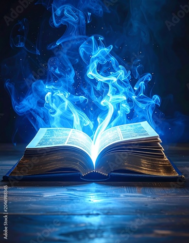 A mystical blue-lit open book with smoke rising