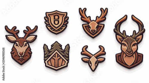 Collection of stylized deer and forest emblems, brown tones, textured cartoon graphics