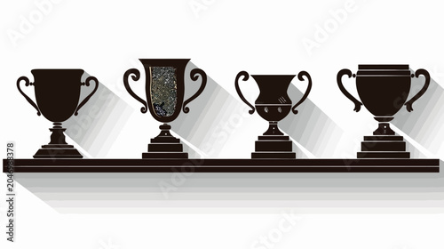Silhouetted trophies stand proudly on a shelf, casting long shadows across the scene