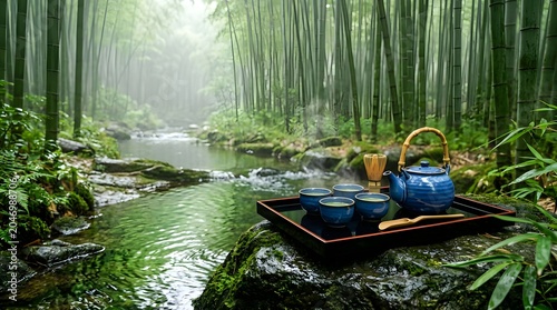 blue ceramic tea set resting on a black lacquer tray beside a tranquil stream in a Japanese bamboo forest, soft fog