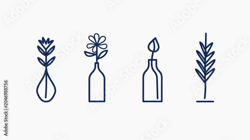 Four stylized botanical sketches in blue ink on white background floral, leaf, and wheat