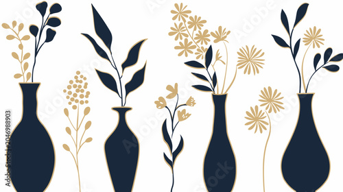Vases of abstract flowers and leaves, blue and gold on white background, vector illustration