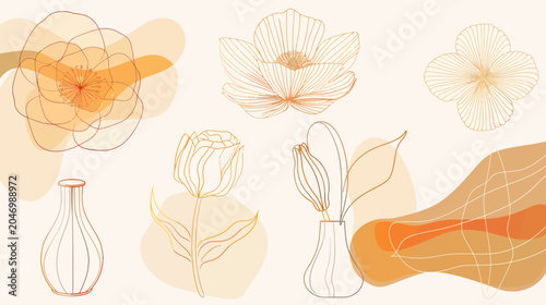 Soft, modern floral line art with abstract shapes in orange, yellow, and beige hues