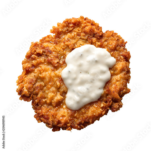 Crispy golden chicken fried steak topped with creamy country gravy, featuring a crunchy crust and classic Southern comfort food appeal.