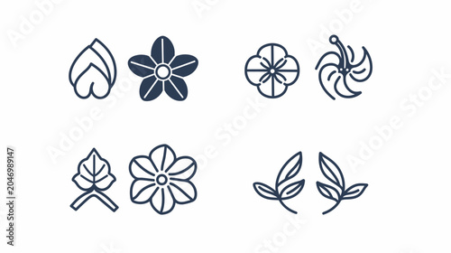 Array of botanical icons, with flowers, leaves, and stylized circular shapes in blue outline