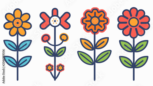 Four colorful, stylized flowers on stems with leaves. Flat design, dark outlines