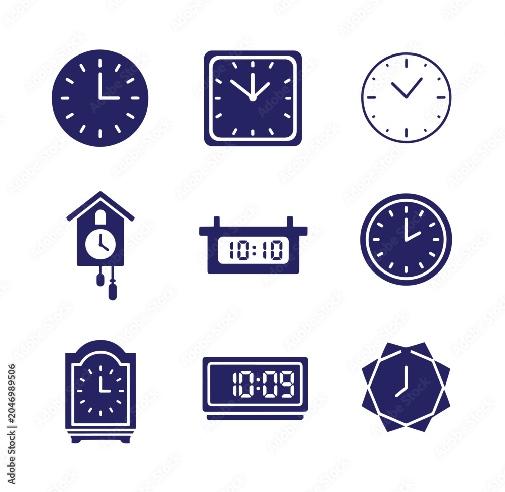 Fototapeta premium Collection of various clock icons representing time management and measuring with pendulum management measurement collection business schedule deadline interval duration accuracy precision