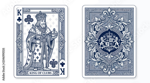 Tableau sur toile King of Clubs playing card, front and back design, vintage illustration style