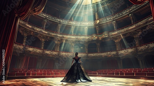 woman singing a powerful aria on a grand opera house stage