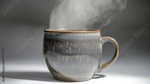 Steam Rising from a Cozy Ceramic Mug on a Grey Background
