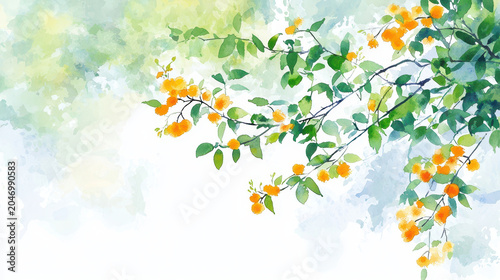 Beautiful watercolor illustration of orange flowers and green leaves, creating serene and vibrant atmosphere