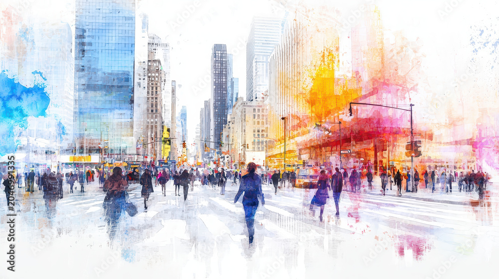 Obraz premium Vibrant watercolor painting of bustling city street filled with pedestrians, showcasing tall buildings and colorful splashes of paint