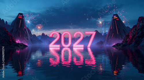 New Year 2027 marquee lights on a lake with volcanic mountains and fireworks