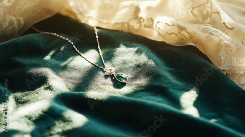 Elegant Necklace with Teardrop Gemstone on Soft Green Fabric