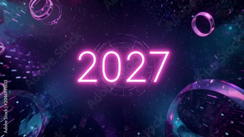 Futuristic 2027 digital concept with glowing numbers and abstract technology rings