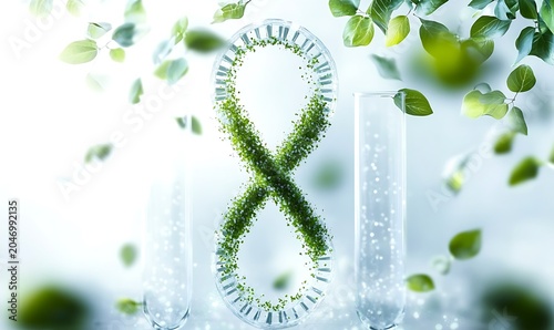 Abstract DNA strand formed by green particles and test tubes.