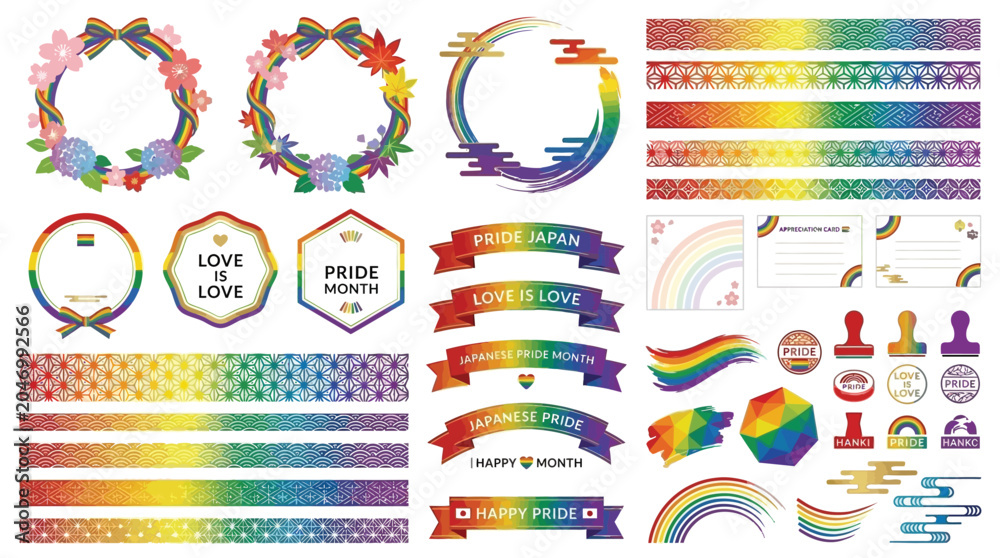 Fototapeta premium Rainbow Pride Graphics Collection: Wreaths, Ribbons, Borders, and Stamps for LGBTQ+ Celebration.