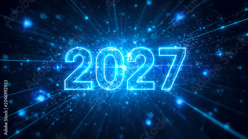 Glowing blue neon 2027 new year typography with abstract light rays and particle explosion background