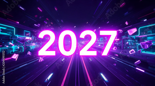 Bold white 2027 text on futuristic cyberpunk digital highway with neon pink and purple lights