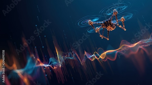 A high-tech drone with glowing rotors hovers mid-air against a deep blue background, with vibrant. ..Created with Generative AI, not depicting real subjects.