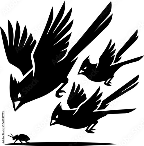black cardinal hunting meat in group